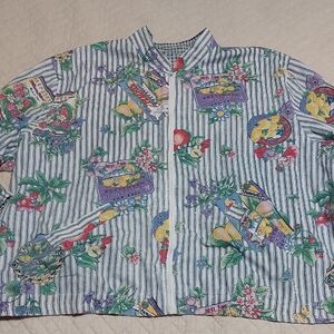 Vintage Teddi Cotton White Blue Floral Stripe Reversible Zip Pocket Jacket 3X